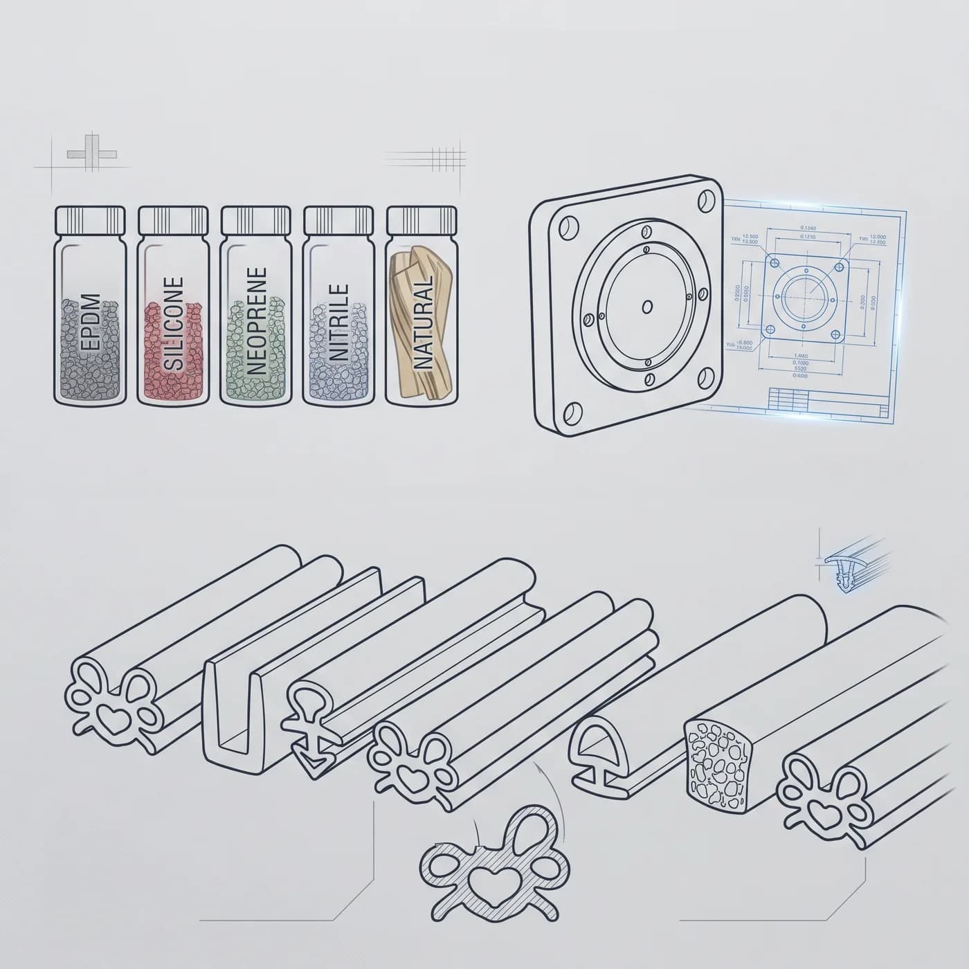 Compound stocks in EPDM, silicone, neoprene, nitrile and natural rubber, a flanged gasket with its dimensioned drawing, and a range of extruded sections